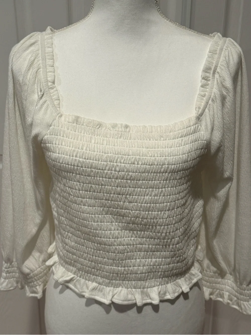 Free People Cream Smocked Square-Neck Ruffle Blouse